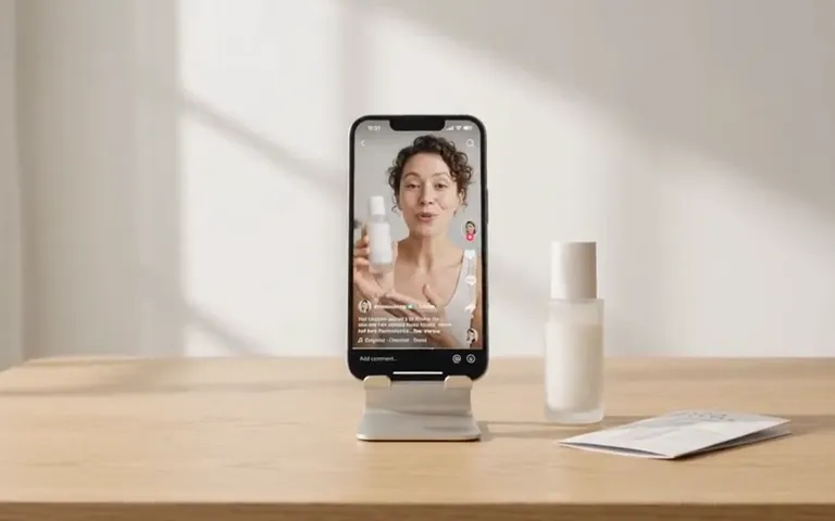 A phone on a desk playing a vertical video ad for a skincare bottle