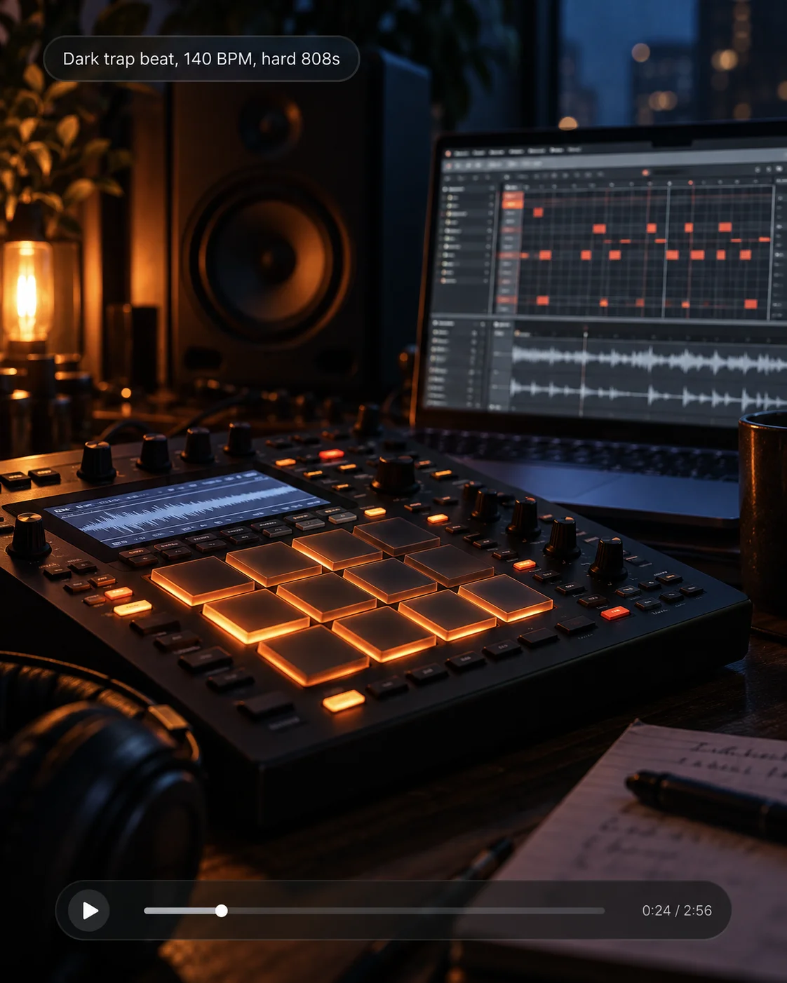 Beat-making workstation with drum pads, DAW drum pattern grid, and audio waveforms