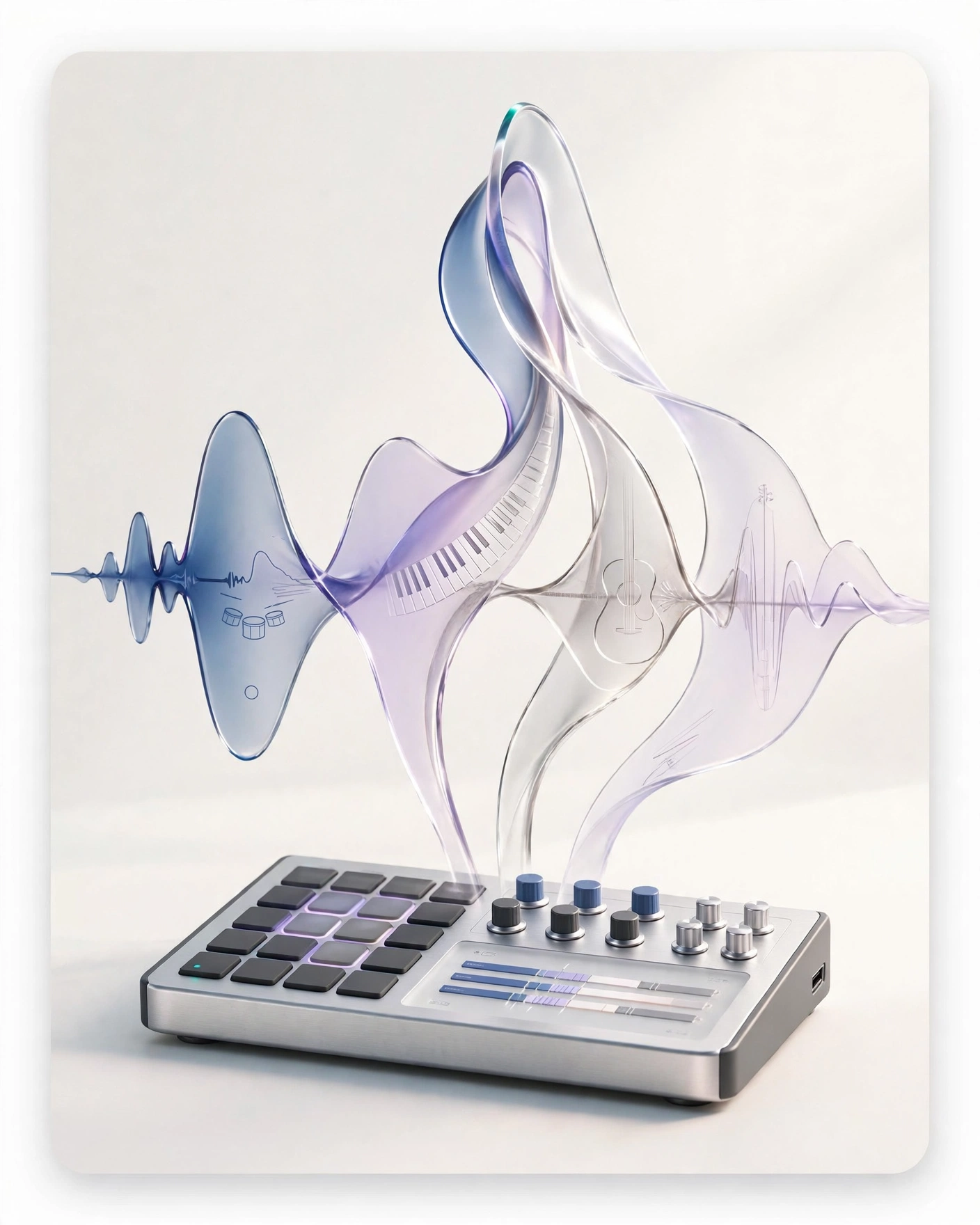 Instrumental music workstation with pads, controls, piano keys, and flowing audio waveforms