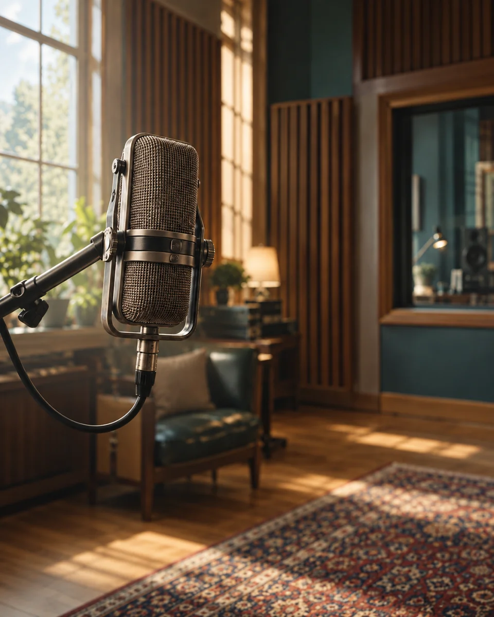 Vintage microphone in a sunlit recording studio with wood-panelled walls and muted teal accents