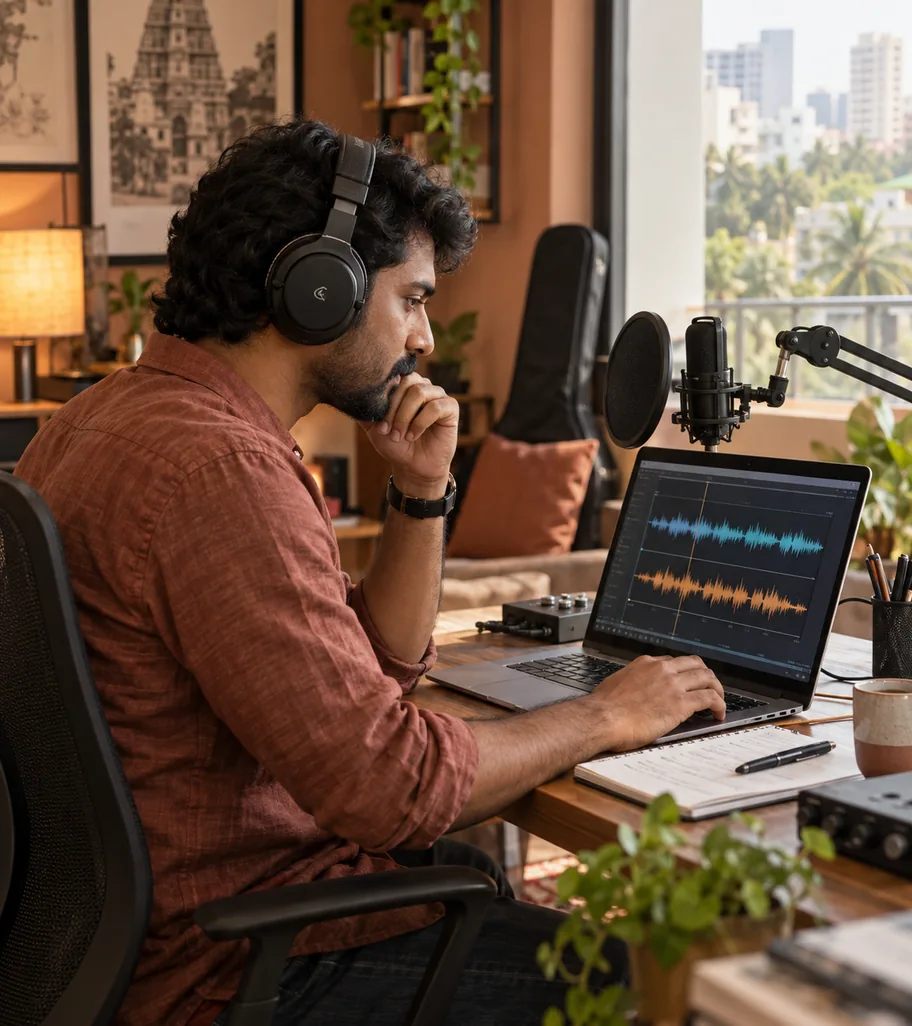Creator reviewing original and translated audio tracks in a recording workspace