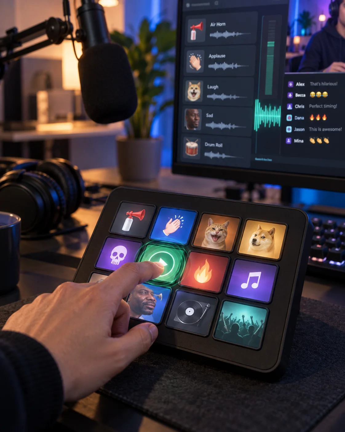 AI Soundboard pad grid: colorful glowing sound pads for air horn, applause, and meme sounds, ready to trigger with one tap