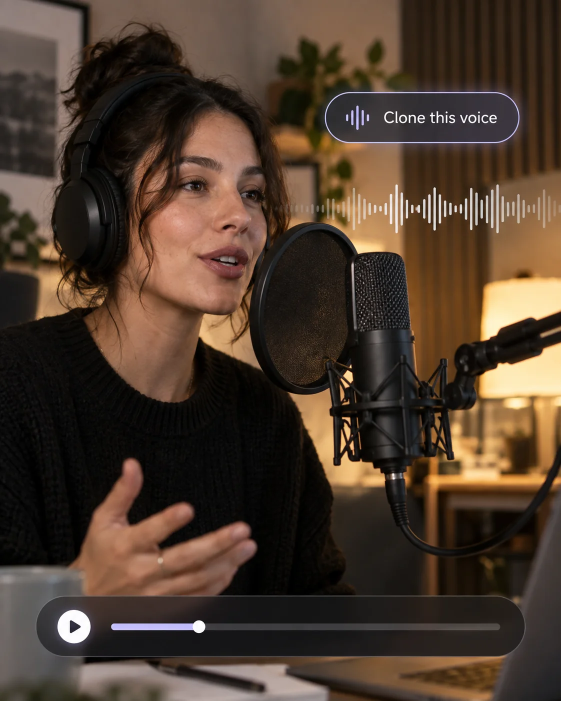 Woman recording a voice sample into a studio microphone with the prompt Clone this voice, a waveform, and an audio player