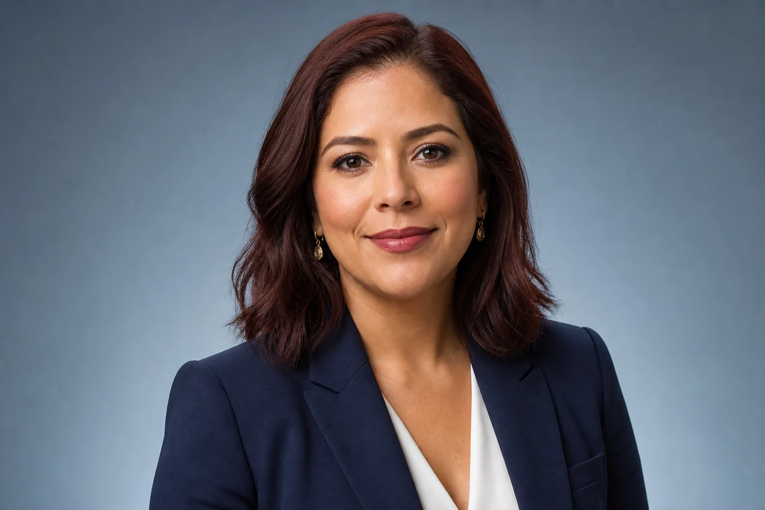 Professional headshot of a woman in a navy blazer against a soft blue studio background.