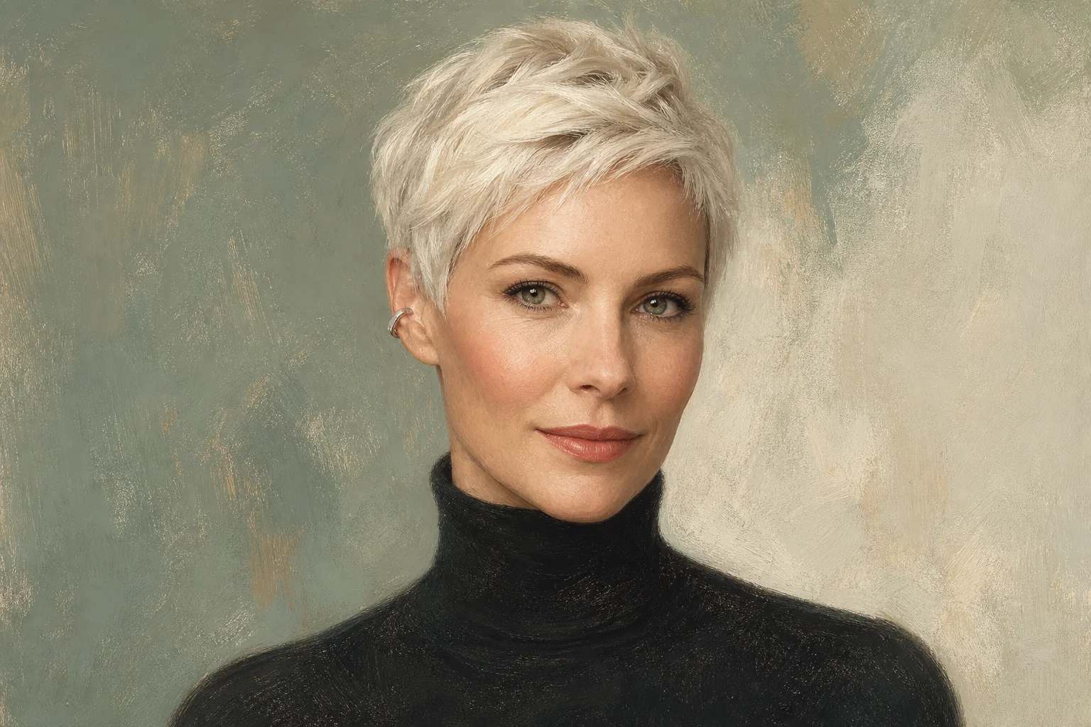 Painterly portrait of a woman in a black turtleneck against a muted sage and cream background.