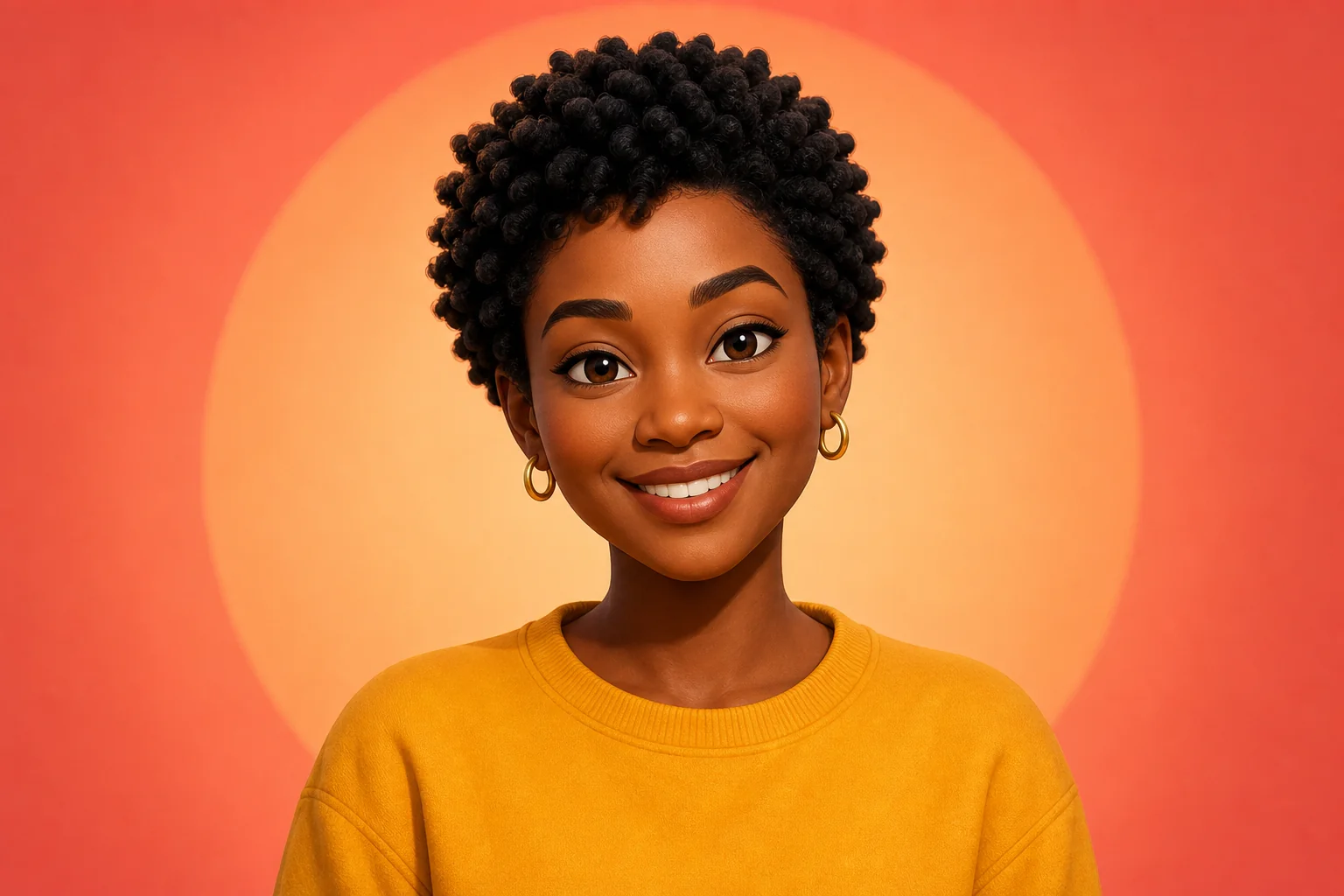 A friendly cartoon avatar with warm colors and a bright circular background.