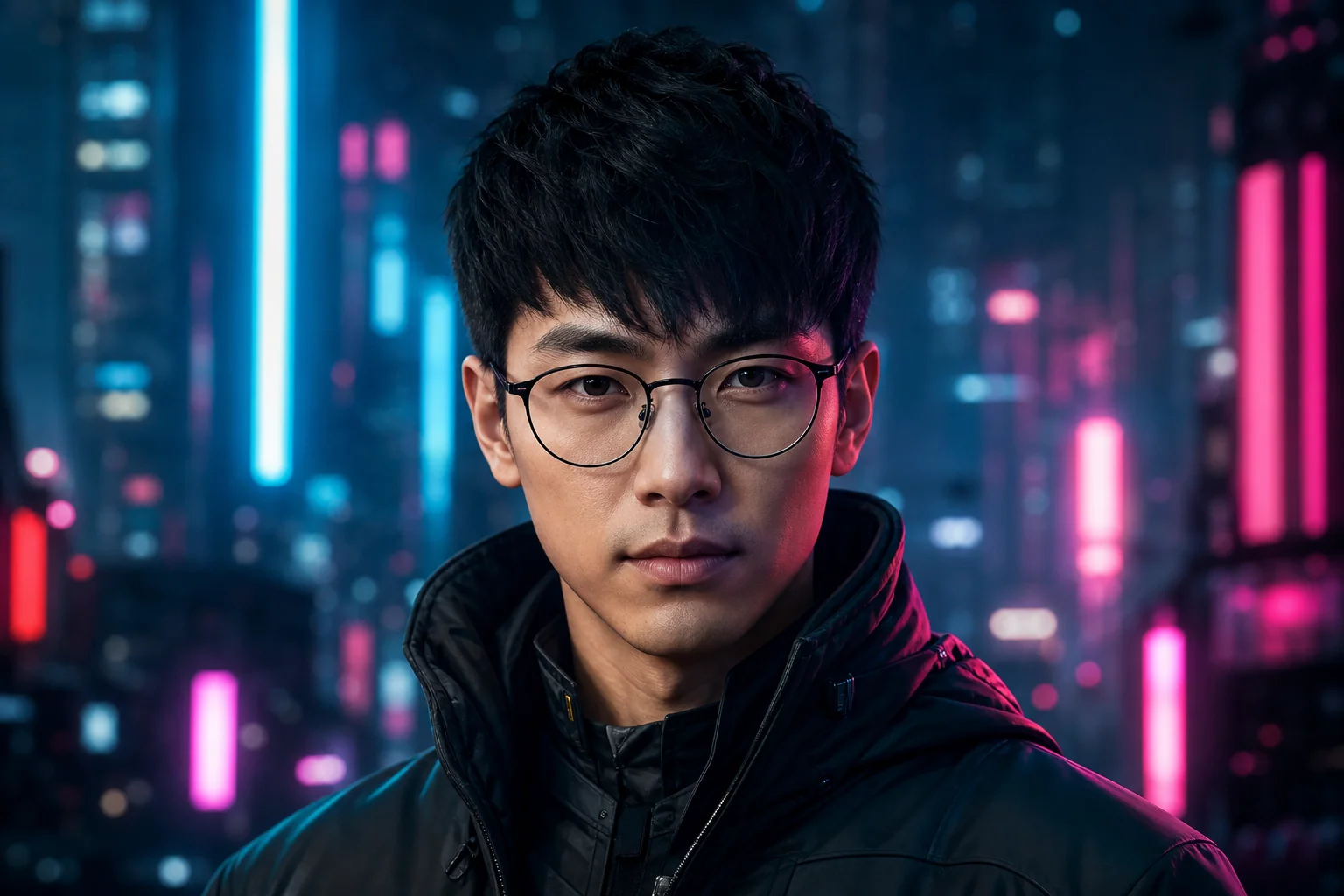A cyberpunk profile avatar with blue and pink neon city lights.