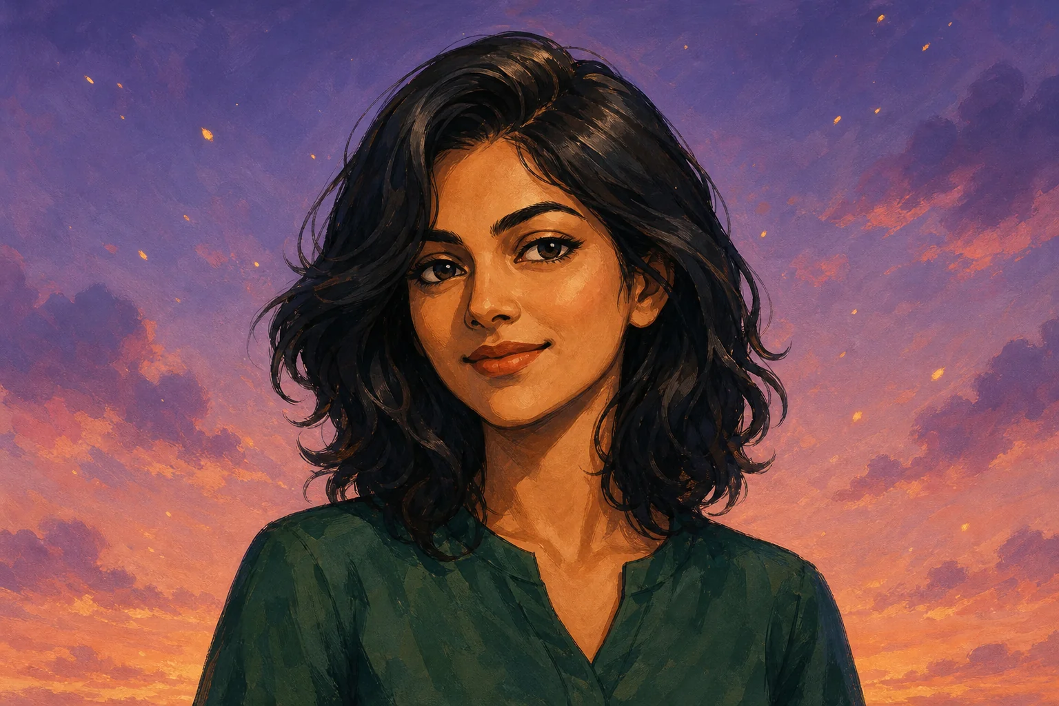 A painterly illustrated avatar against a purple and orange sunset sky.