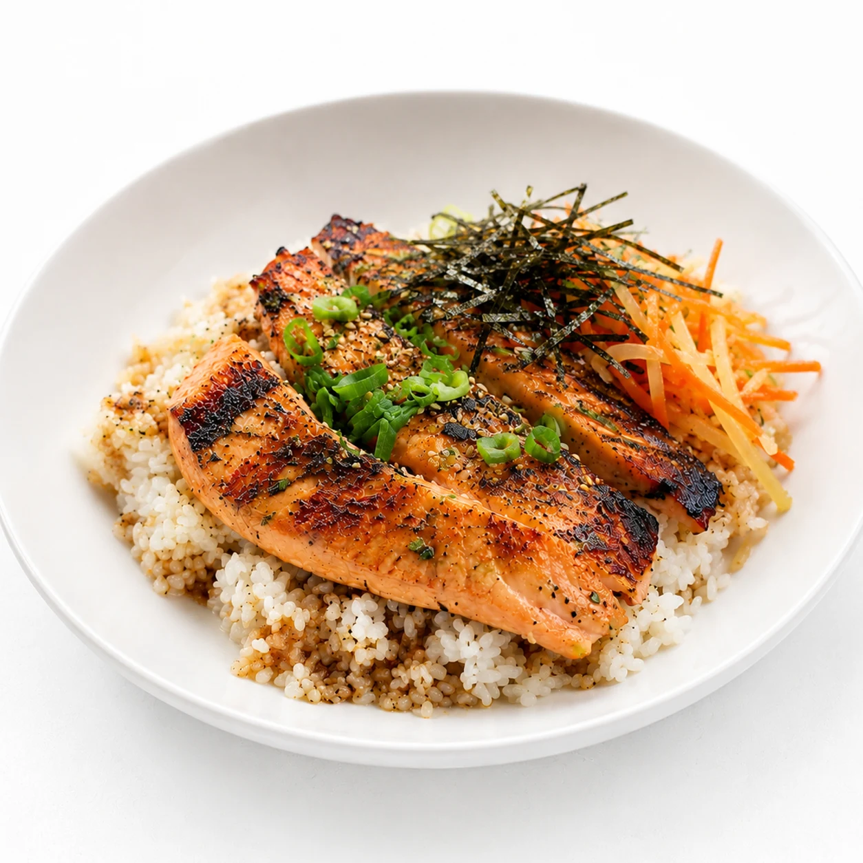 Before-and-after salmon rice bowl edited for a cleaner menu-style presentation. result