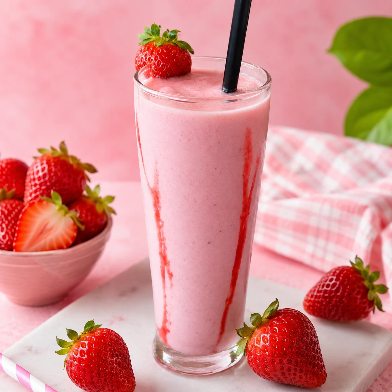Before-and-after strawberry milkshake image refined into a polished campaign look.