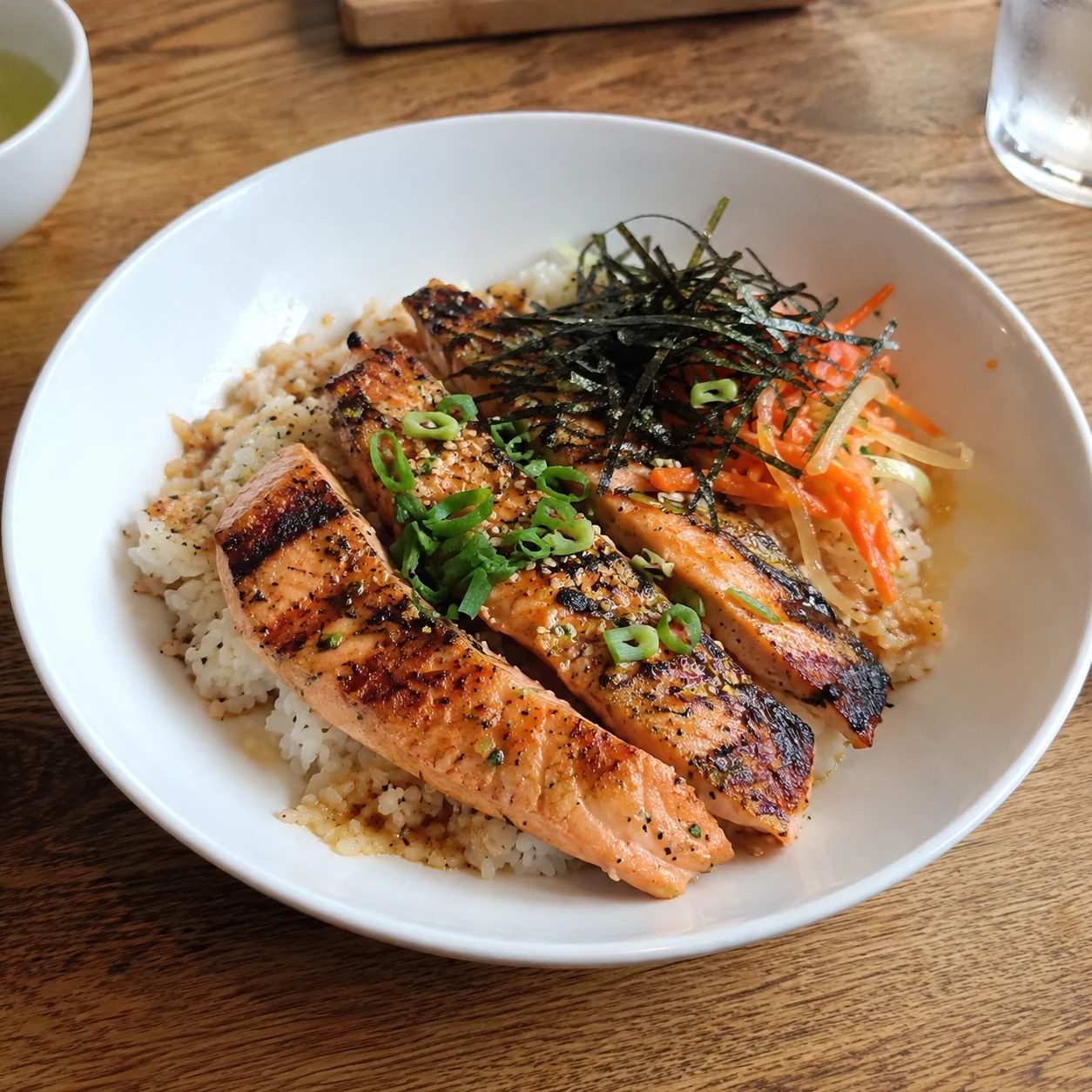Before-and-after salmon rice bowl edited for a cleaner menu-style presentation.