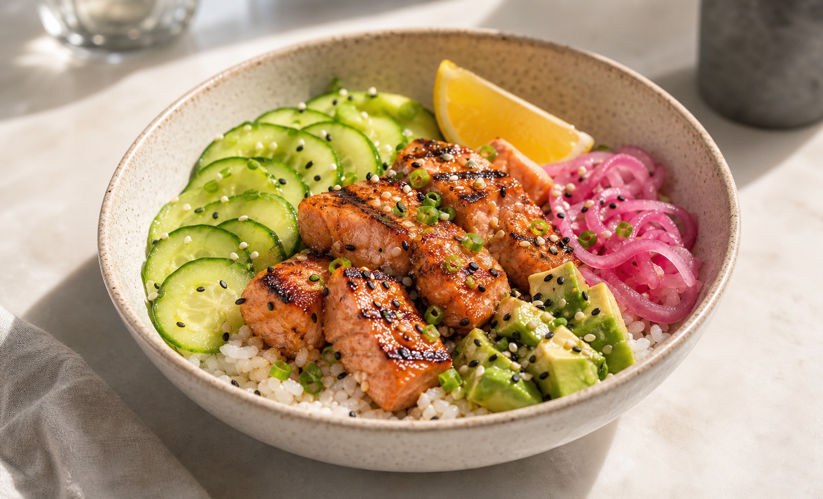 Comparison showing a casual salmon rice bowl photo versus a polished menu-ready edit of the same dish. result