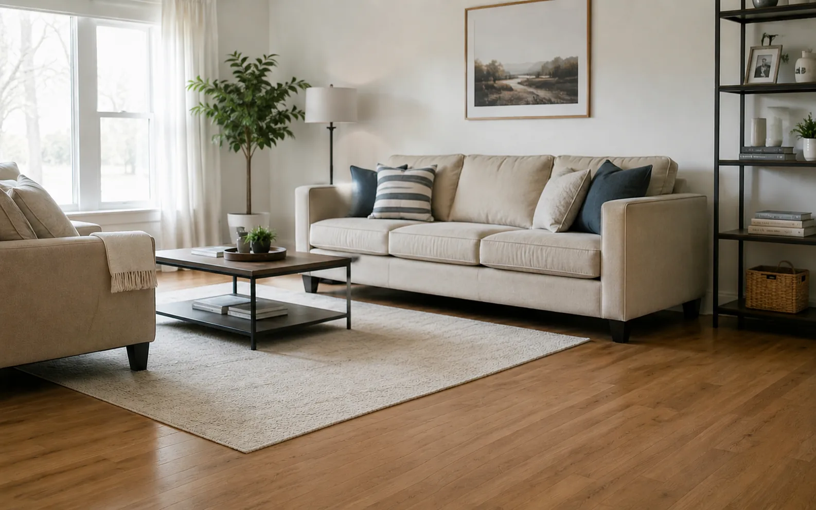 Before-and-after comparison of a living room with a black chair removed from the center of the scene. result