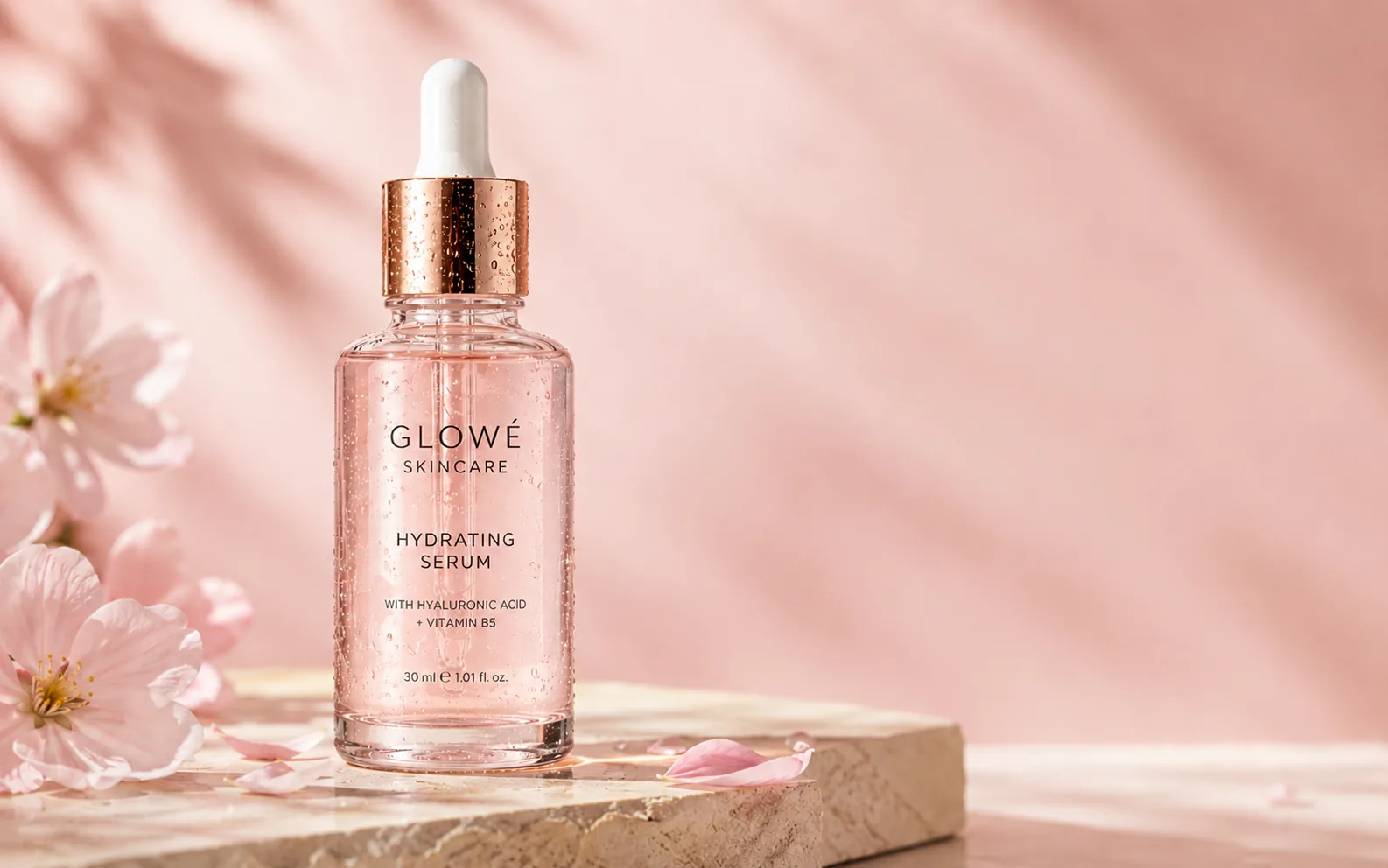 Before-and-after comparison of a skincare product image with the promotional text overlay removed.