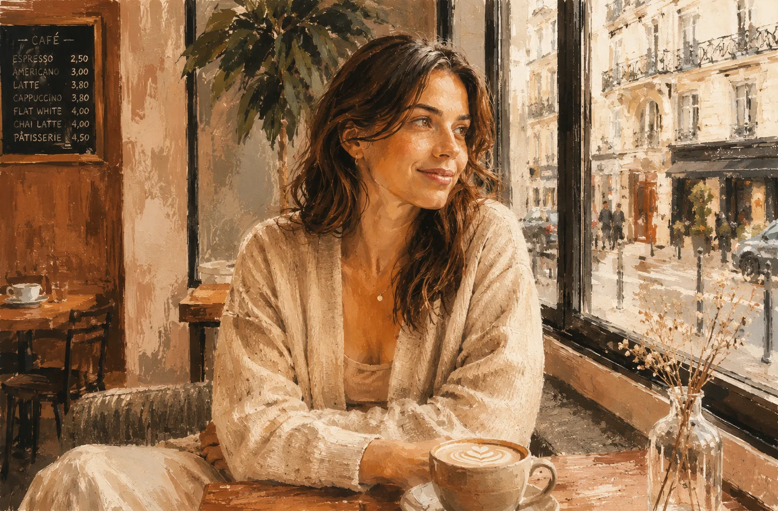 Before-and-after comparison of a cafe portrait restyled into a warm painted illustration.