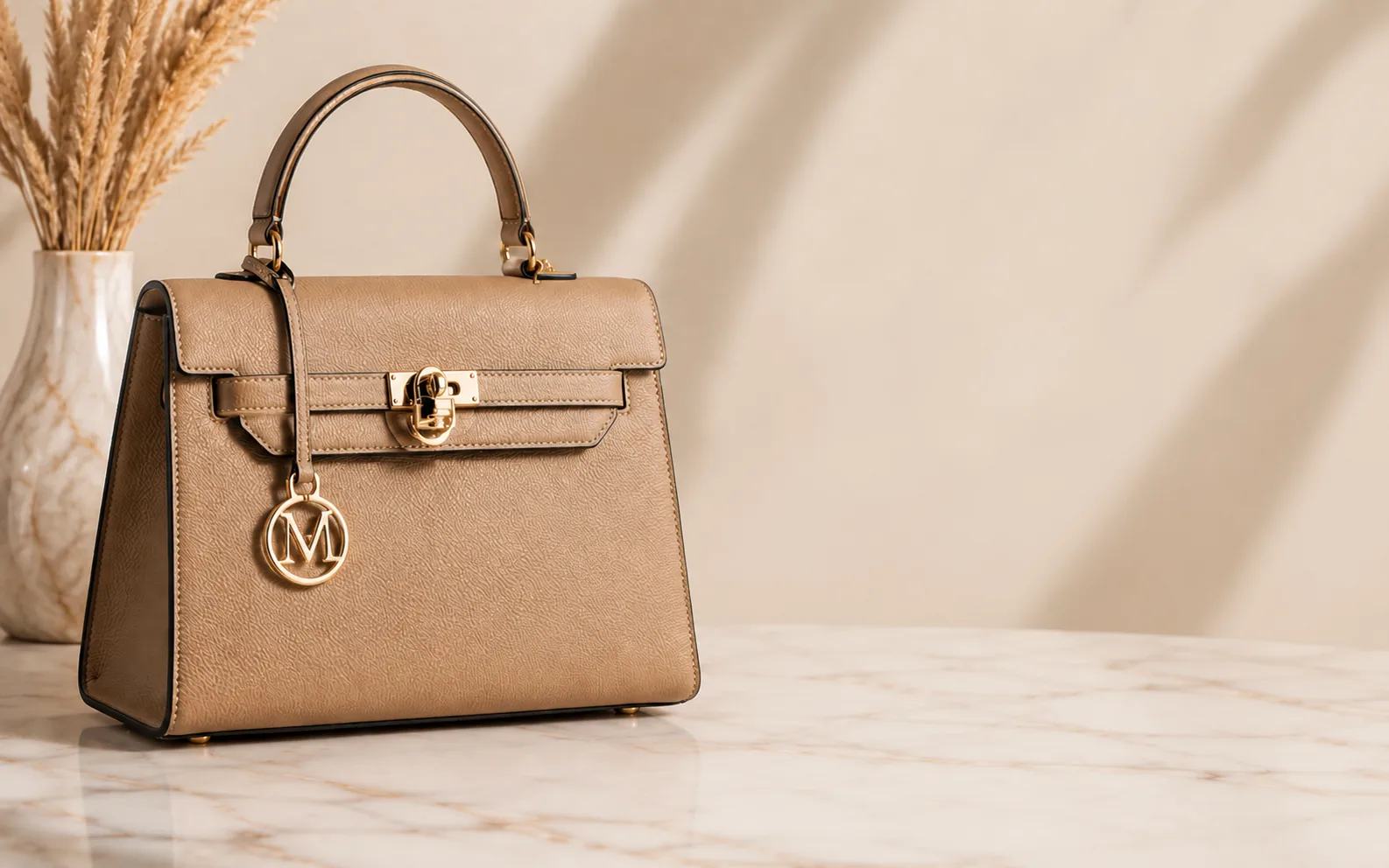 Before-and-after comparison of a handbag campaign image with promotional text and sale graphics edited in place. result