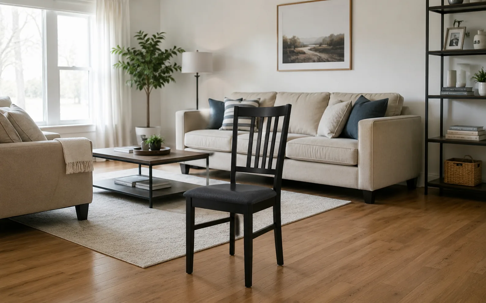 Before-and-after comparison of a living room with a black chair removed from the center of the scene.