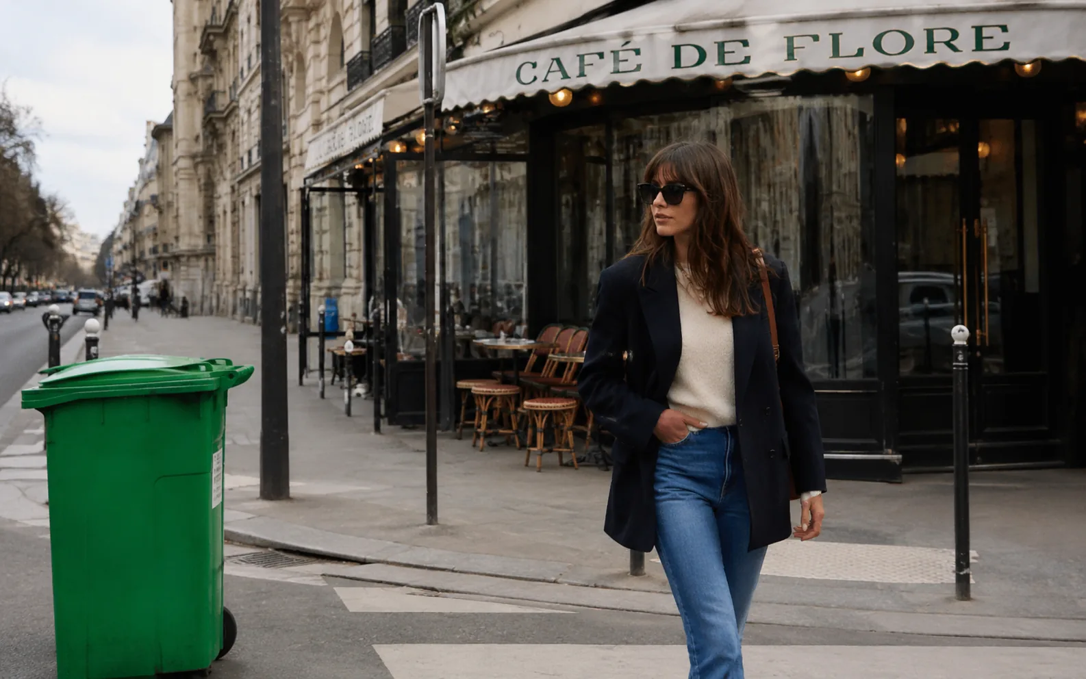 Before-and-after comparison of a street photo with a green trash bin removed near the foreground.