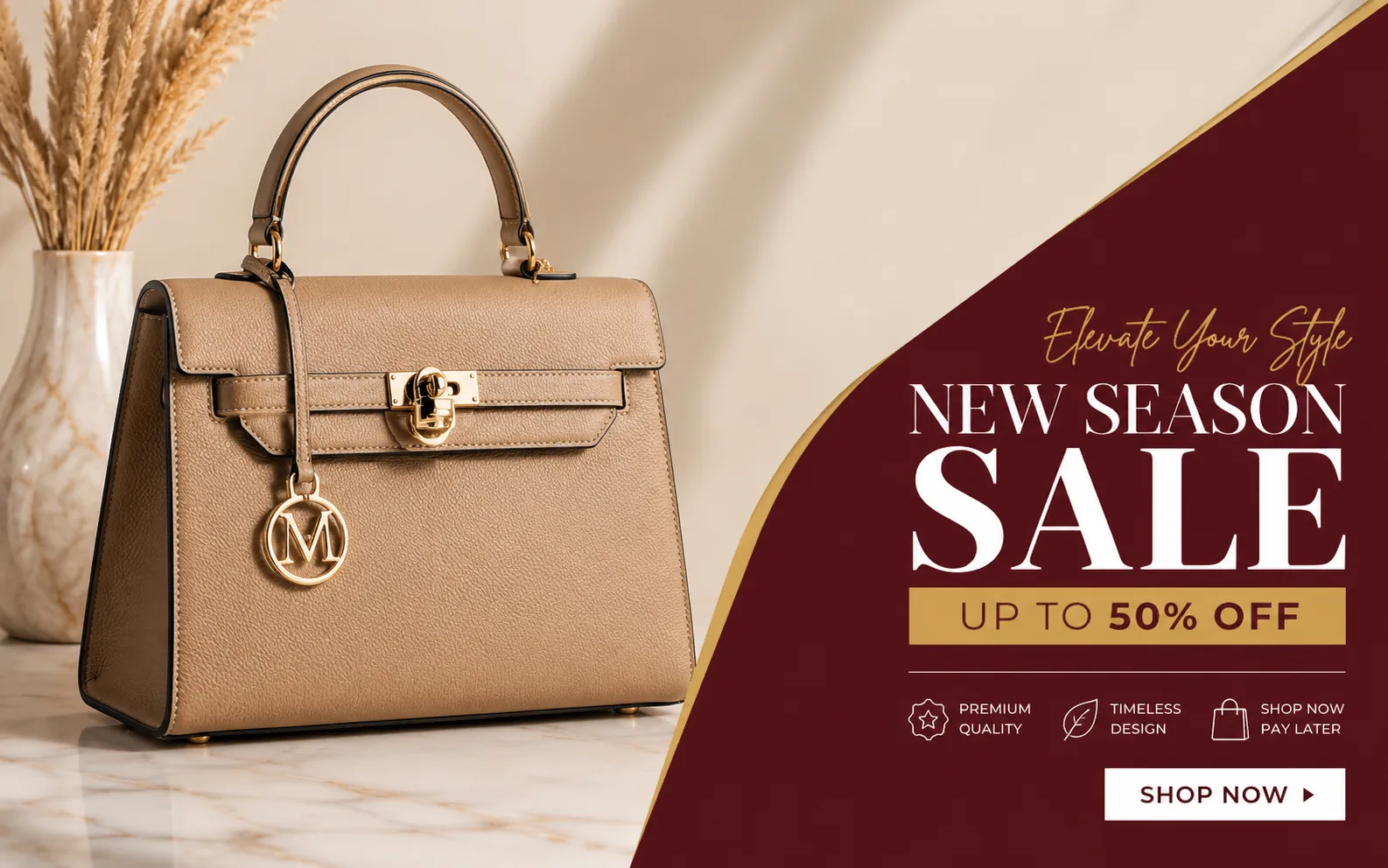 Before-and-after comparison of a handbag campaign image with promotional text and sale graphics edited in place.