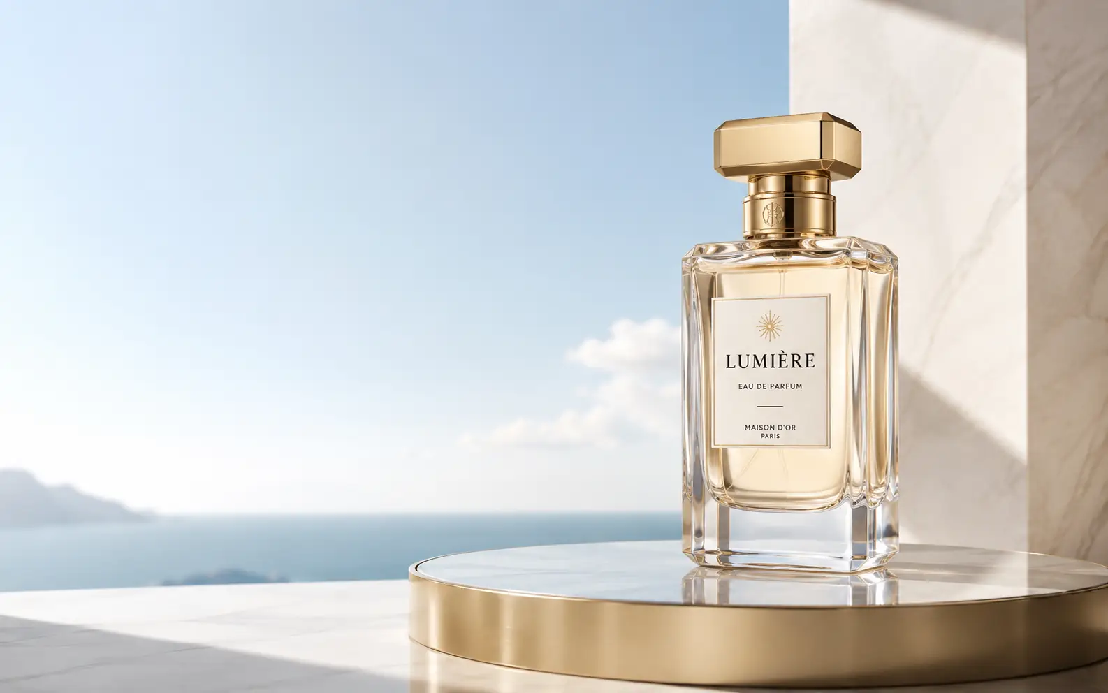 Premium perfume bottle on a sunlit marble pedestal for an AI product campaign scene.