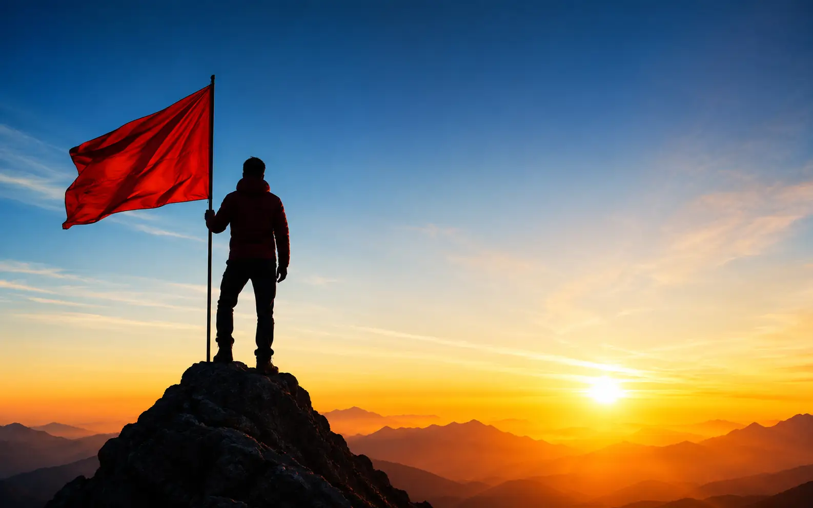 Cinematic mountain poster concept with a climber holding a red flag at sunrise.