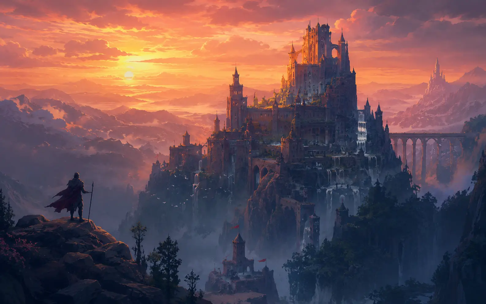 Fantasy castle concept art with mountains, mist, and a traveler at sunset.