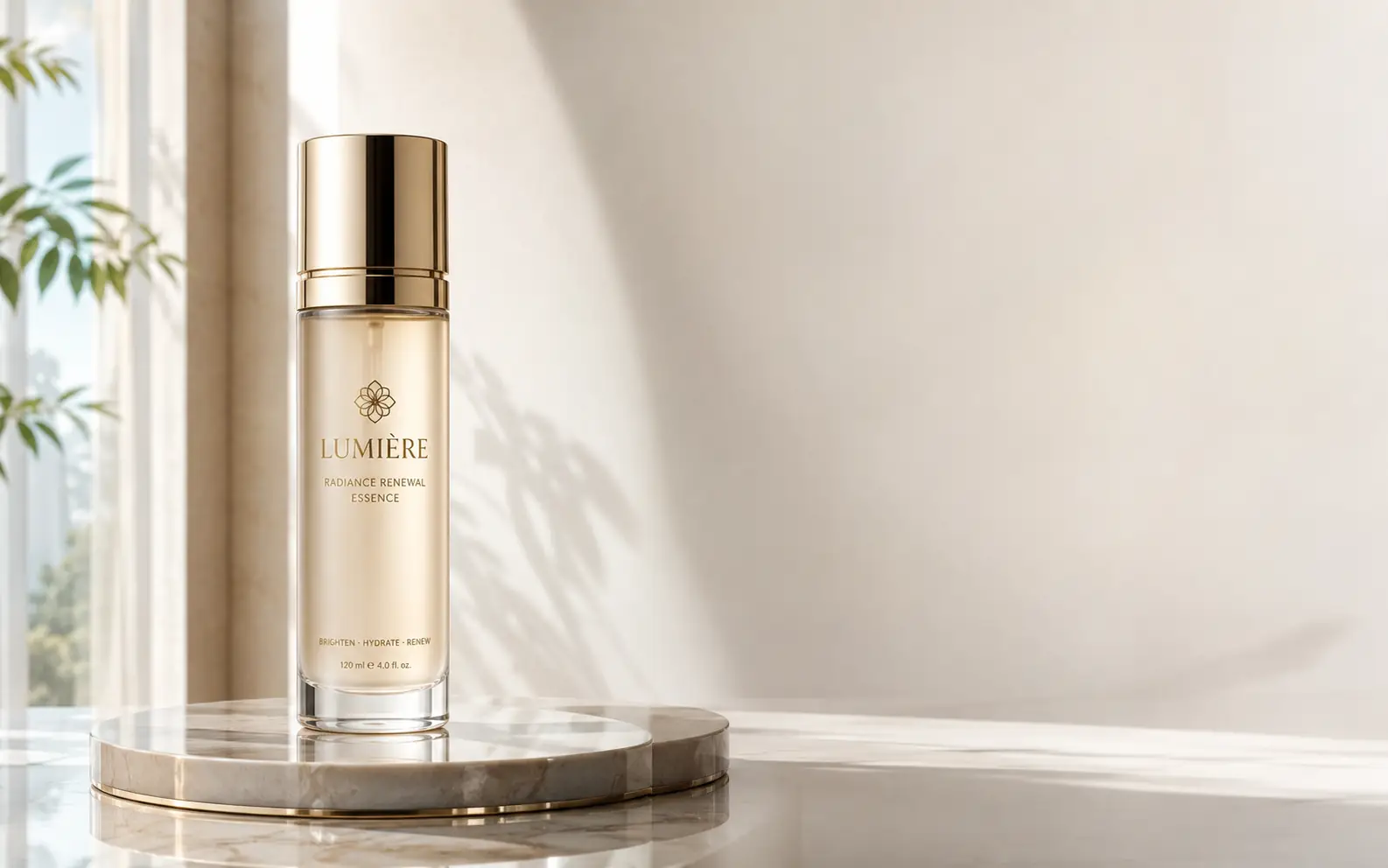 AI-generated skincare product visual with natural light and space for campaign copy.