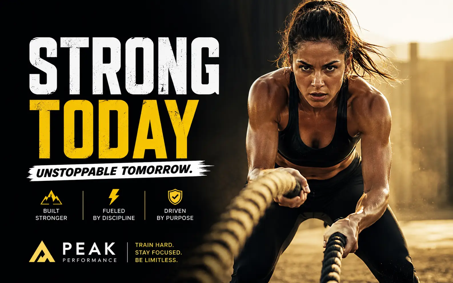 Fitness poster concept with bold headline text and an athlete pulling battle ropes.
