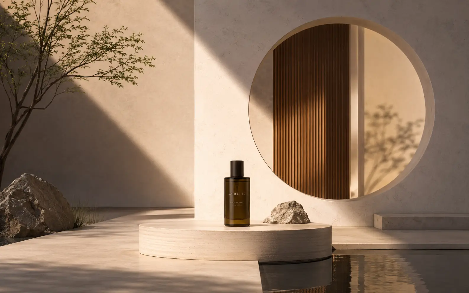 Reference-style product staging scene with a bottle, warm light, stone, and architectural details.