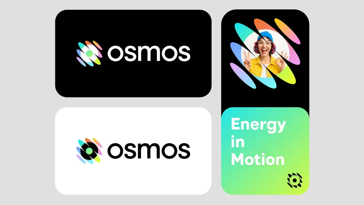 Black-and-white Cosmos logo lockups with a colorful symbol and matching mobile brand mockup.
