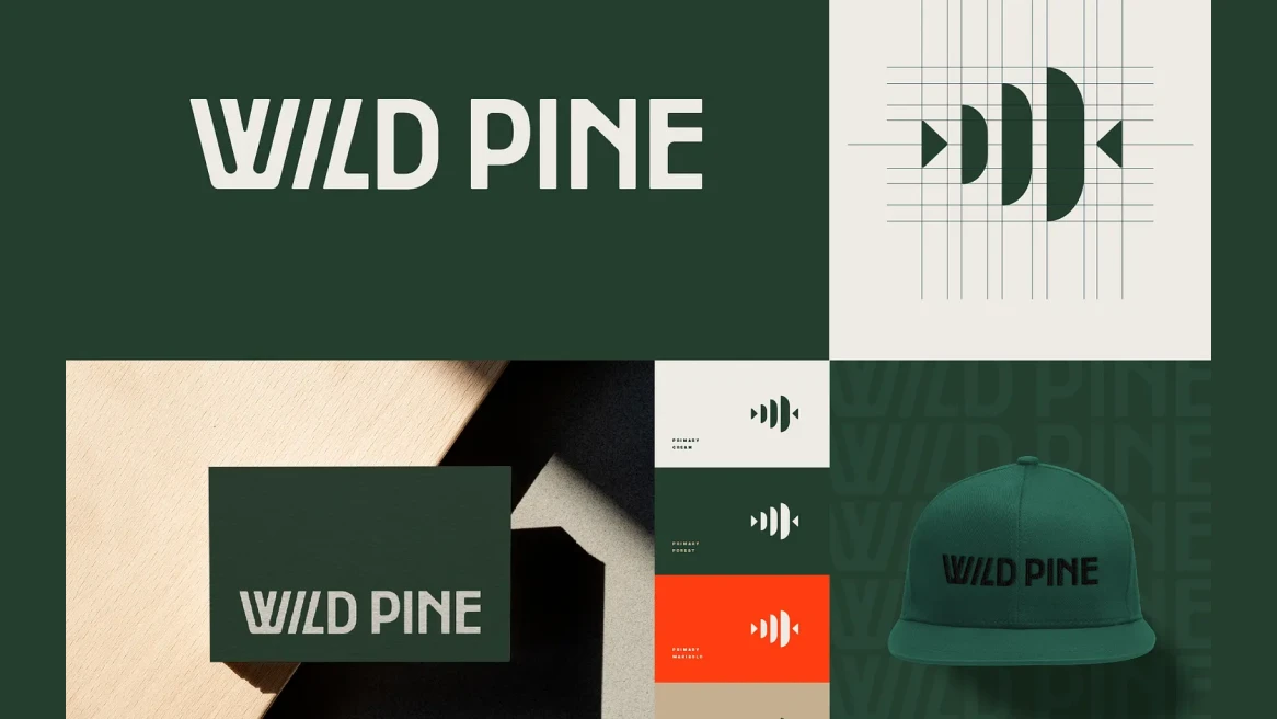 Wild Pine branding board with a wordmark, logo symbol, business cards, color swatches, and a cap mockup.