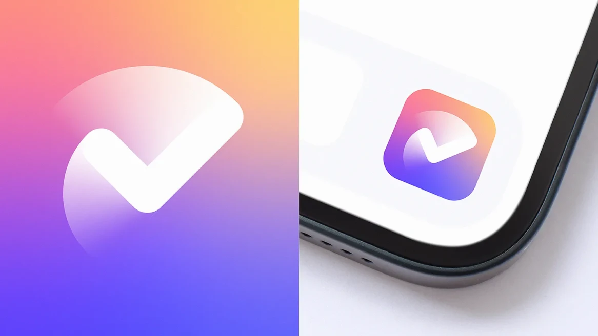 Gradient checkmark app icon shown as a large logo concept and on a phone screen.