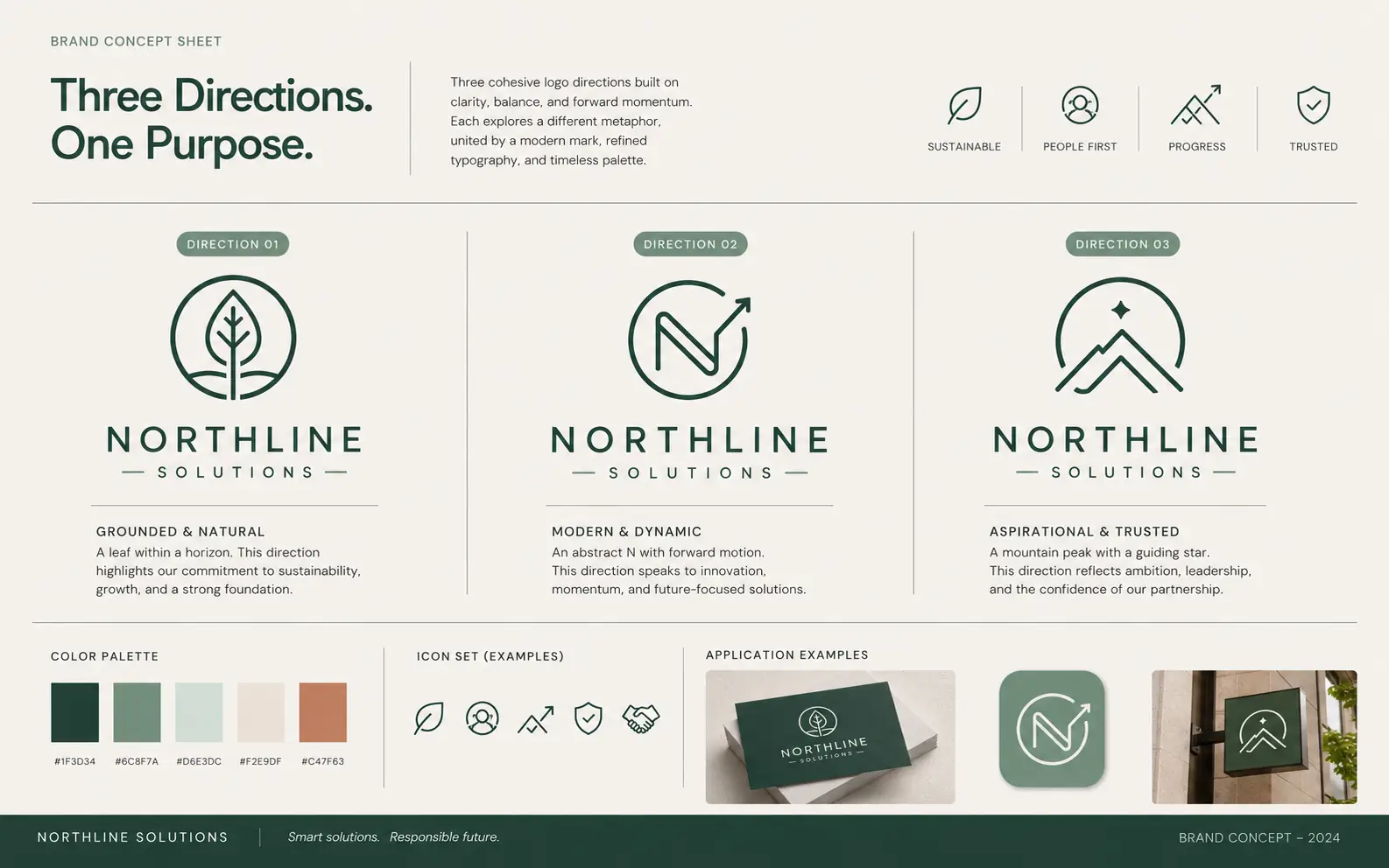 Northline Solutions brand concept sheet with three logo directions and application examples.