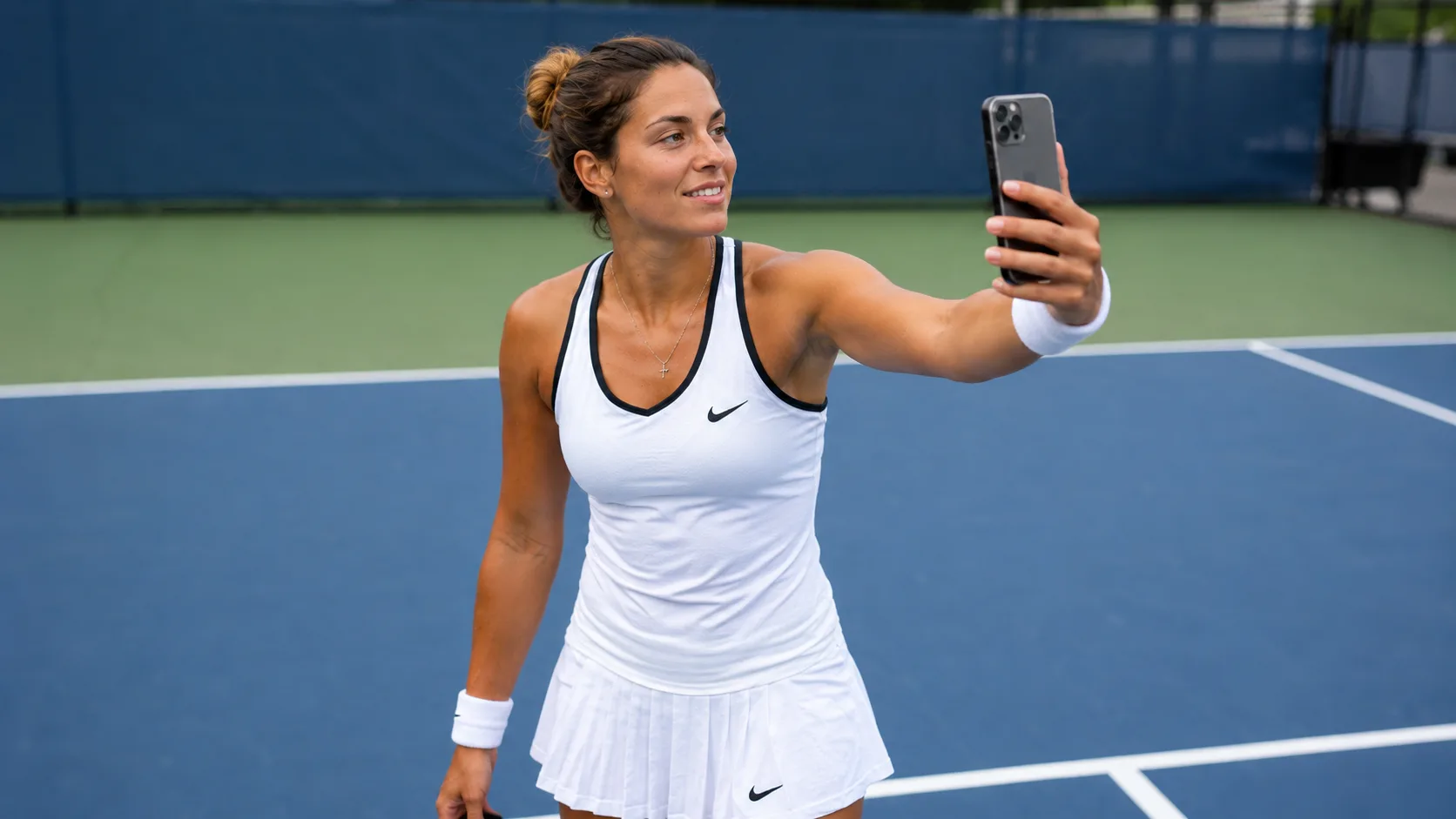 Comparison showing a tennis action photo versus a tennis-court selfie for a specific use case. result