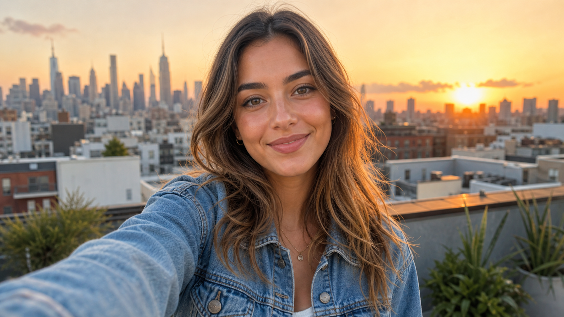 Golden hour rooftop selfie example for the AI Selfie Generator hero carousel.