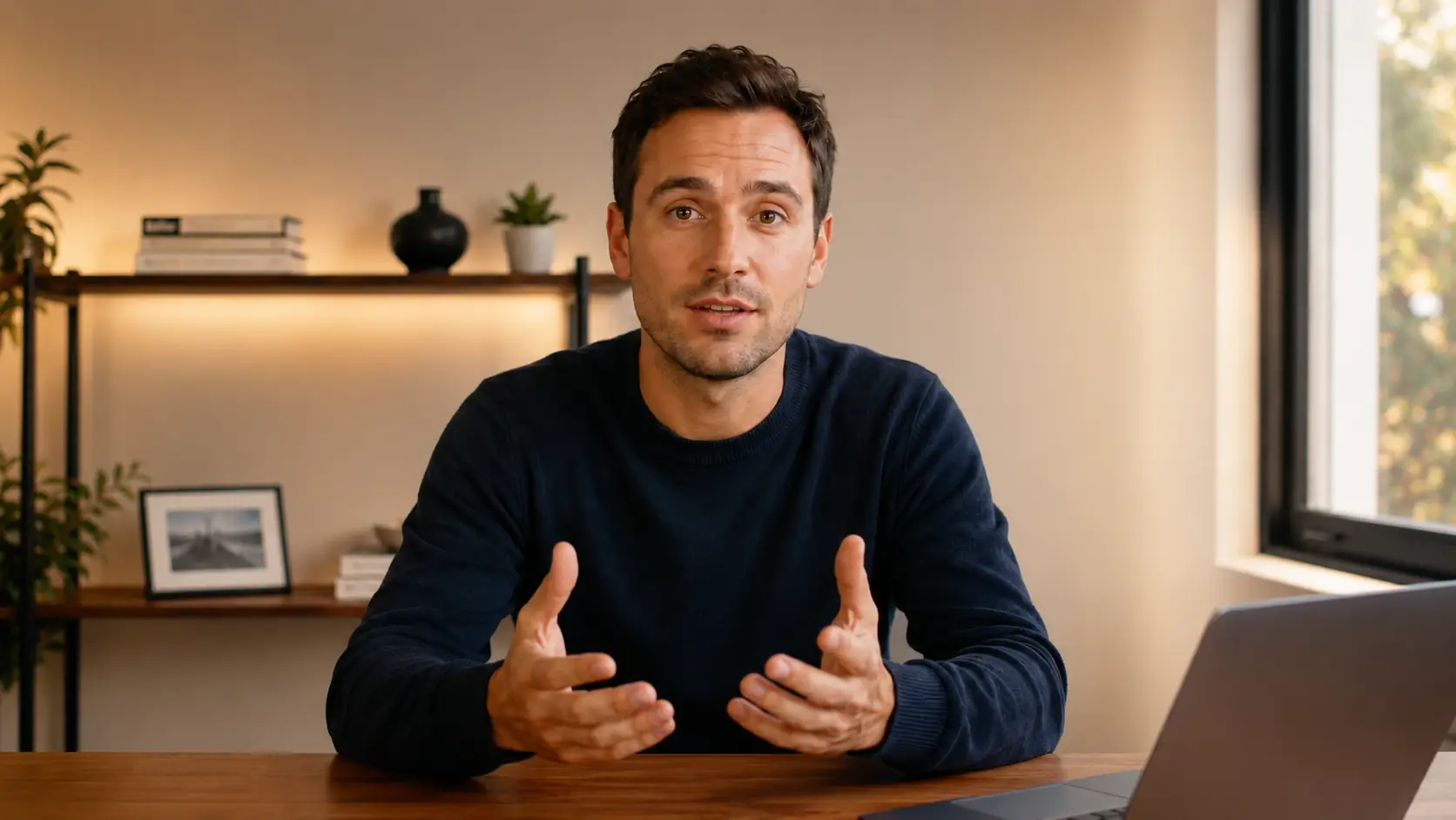 Before-and-after slider showing a talking-head video with warmer lighting and a more polished room style. result