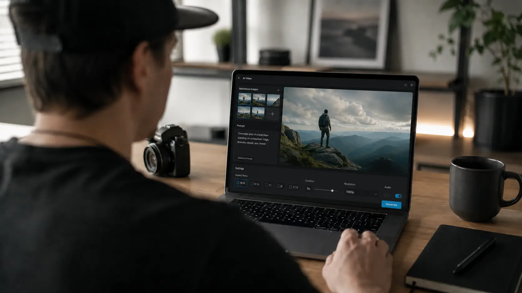 Before-and-after slider showing an AI Video Editor setup with reference images, prompt, and video settings. result
