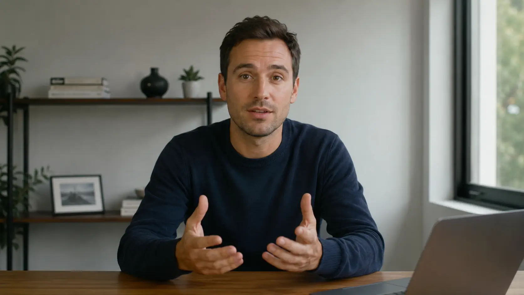 Before-and-after slider showing a talking-head video with warmer lighting and a more polished room style.