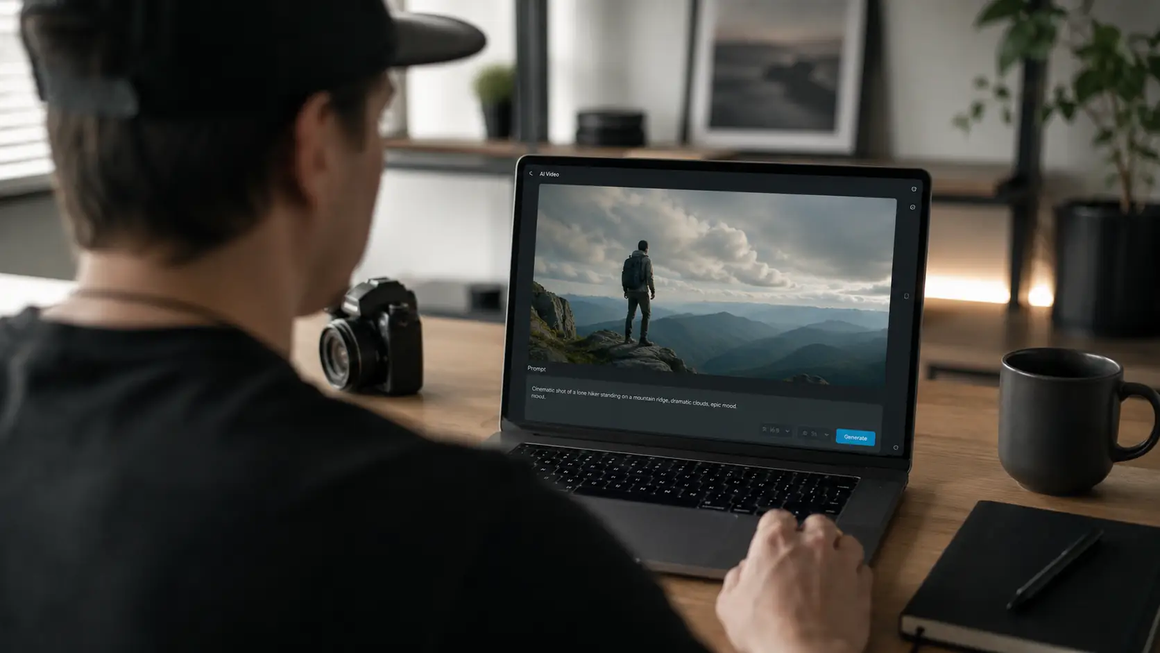 Before-and-after slider showing an AI Video Editor setup with reference images, prompt, and video settings.