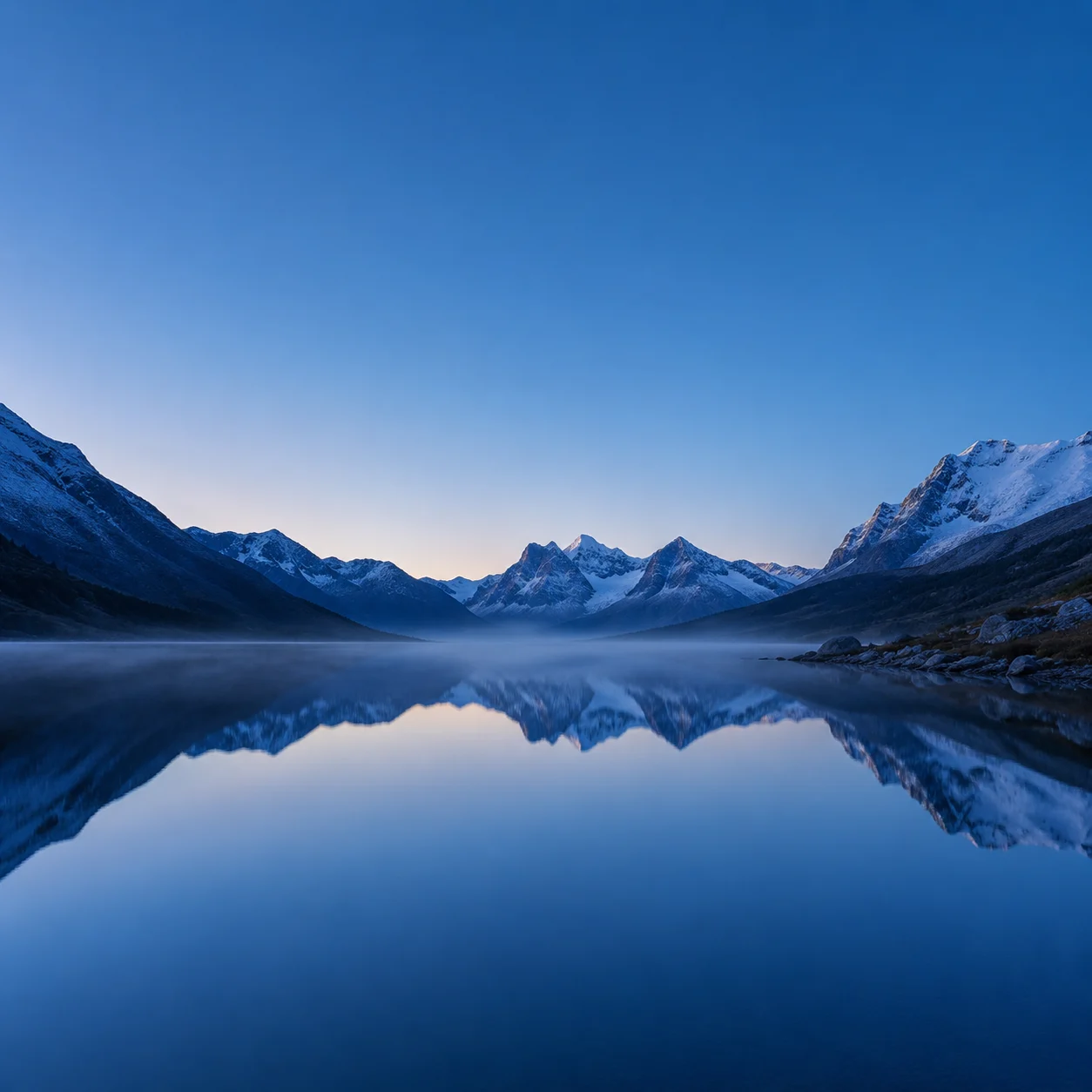 Photoreal blue-hour alpine lake wallpaper with snowy mountains, mist, and open sky for desktop icons.