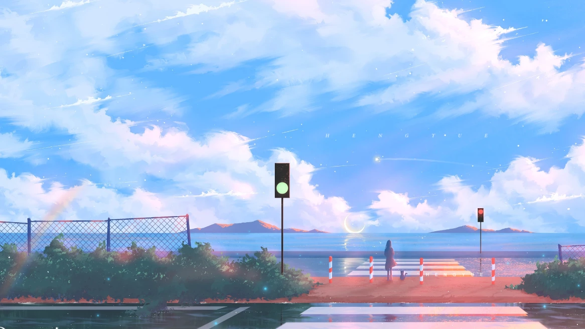 Dreamy coastal-crossing desktop wallpaper with pink clouds, blue sky, and a figure facing the sea.