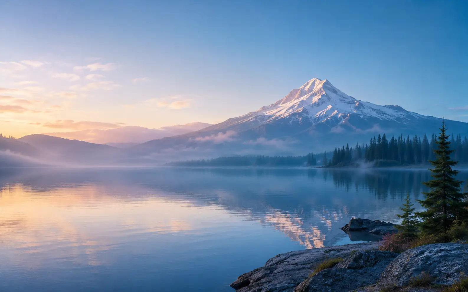 Mountain lake desktop wallpaper with open sky and a clear wide composition.