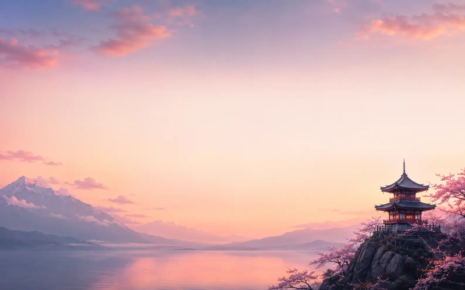 Pastel mountain-lake wallpaper with a pagoda on a cliff and cherry blossoms at sunset.