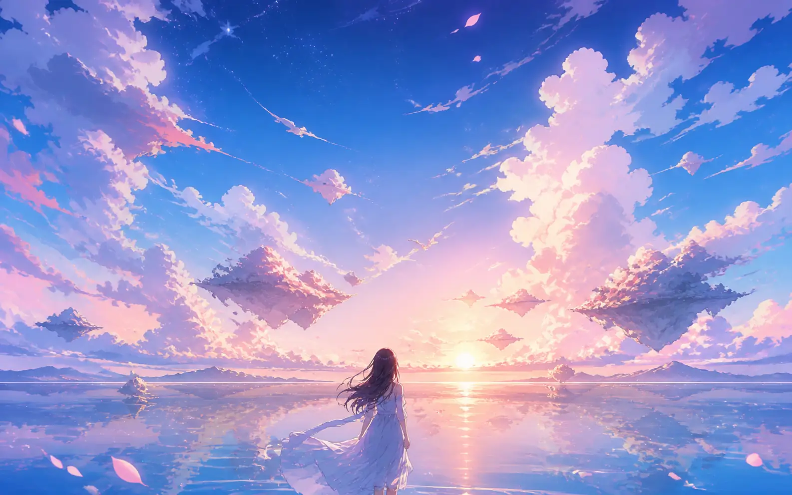 Pastel sky wallpaper with a reflective horizon and soft clouds.