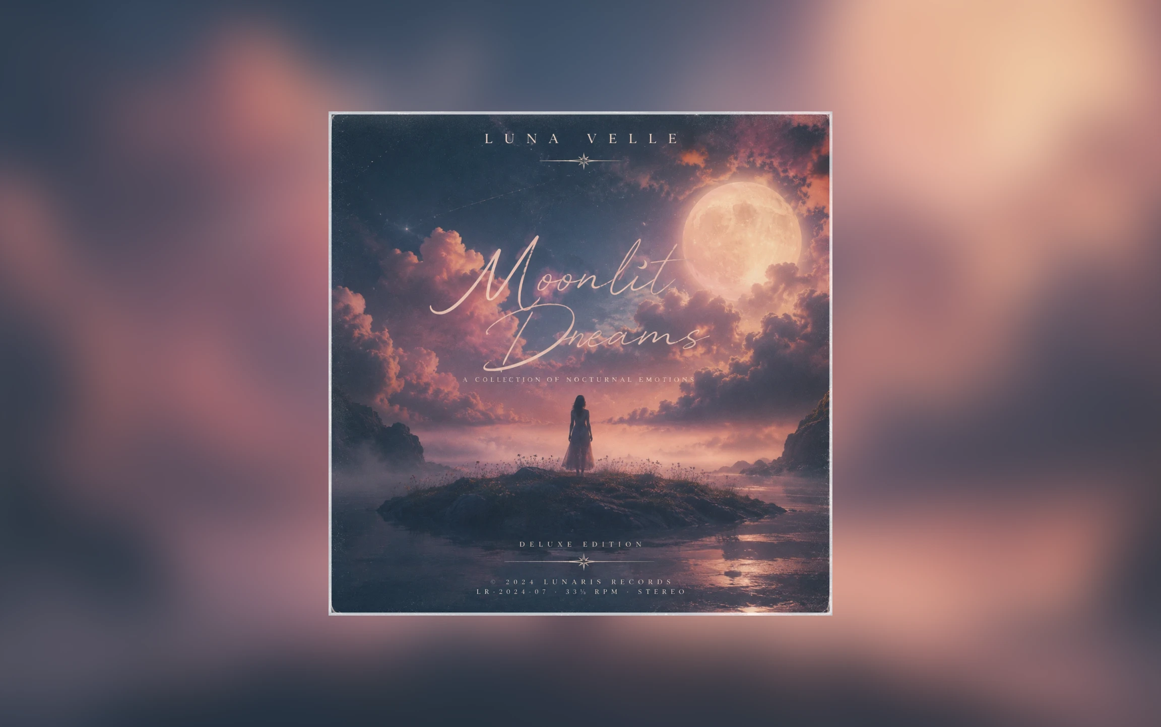Album cover concept with a lone figure beneath a huge moon, soft pink clouds, and dreamy cinematic lighting.