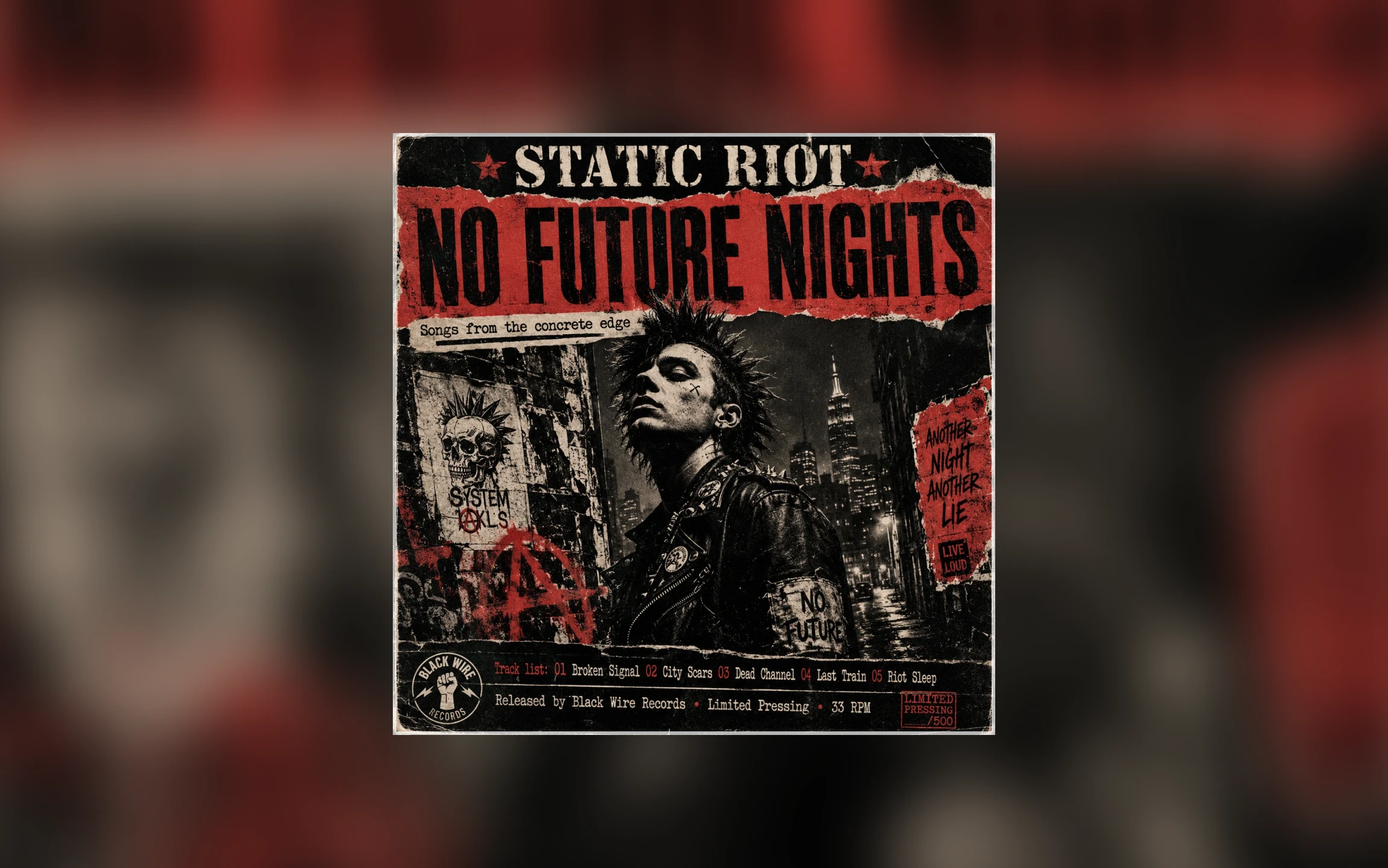 Album cover concept with a punk portrait, torn poster textures, red-and-black palette, and distressed street energy.