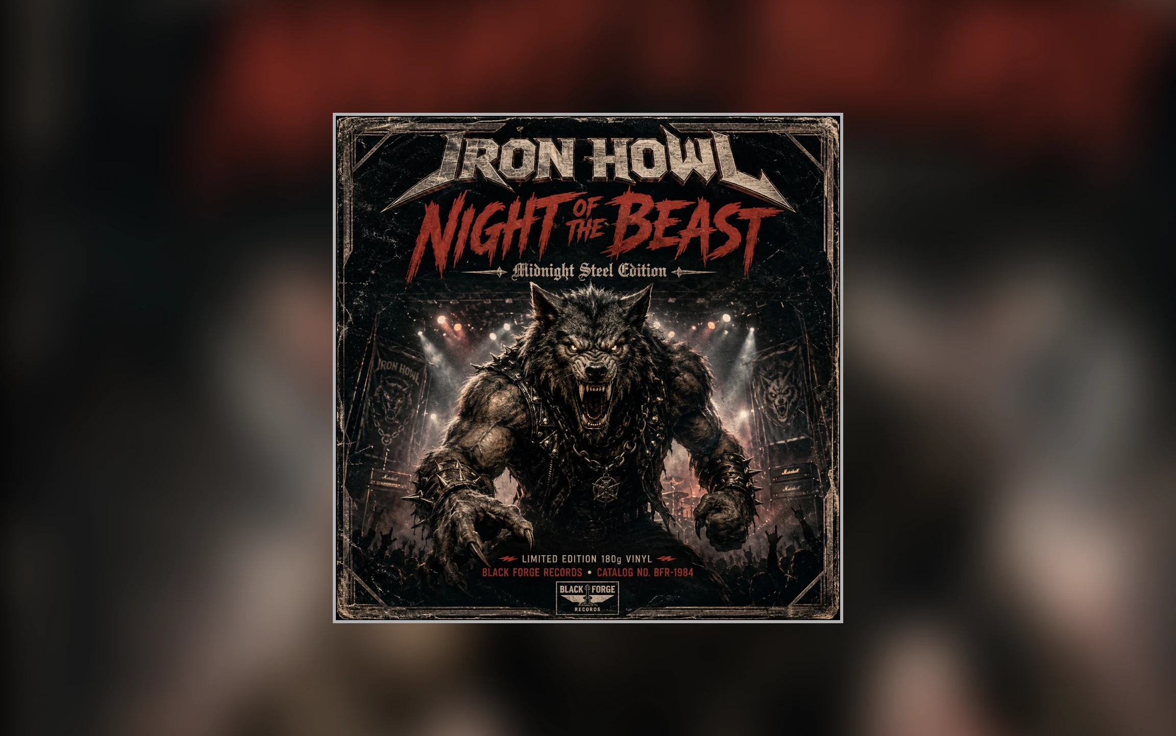 Album cover concept with a snarling beast onstage, aggressive typography, and dark metal artwork styling.