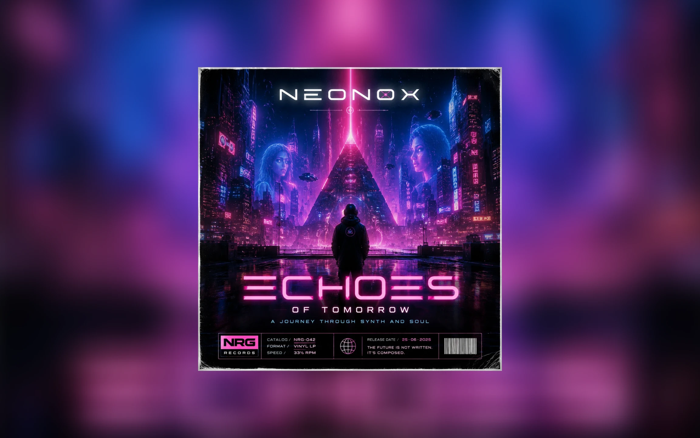 Electronic album cover concept with a neon city, pink-and-blue glow, mirrored portraits, and futuristic typography.