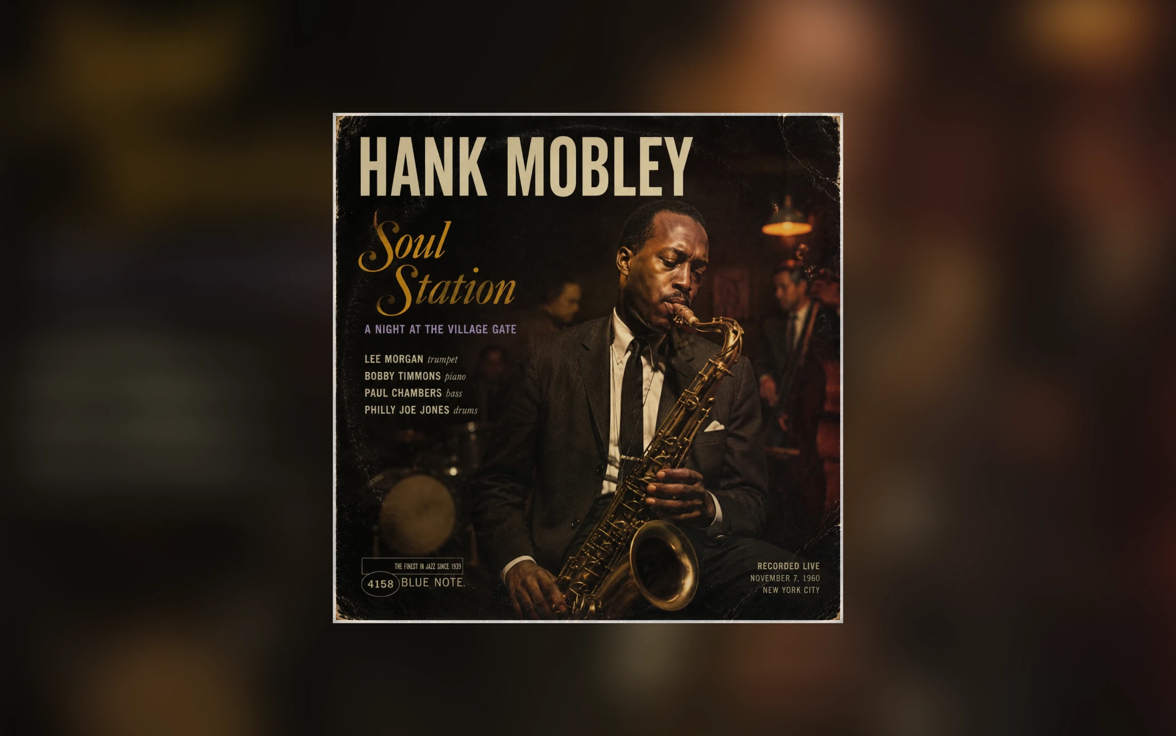 Jazz album cover concept with a saxophone player performing in a dim club and classic vintage typography.
