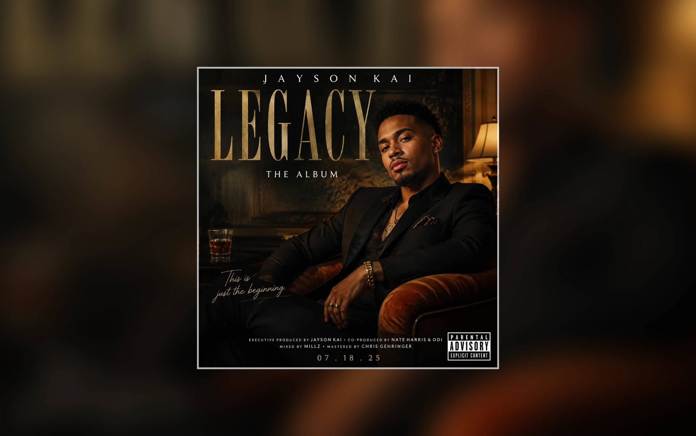 Portrait-led album cover concept with a seated artist in a dark room, elegant typography, and a polished luxury mood.